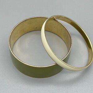 J. Crew Bracelet Set Of 2 Gold Tone Green Cream Enamel Bangle Womens Jewelry 7"‎